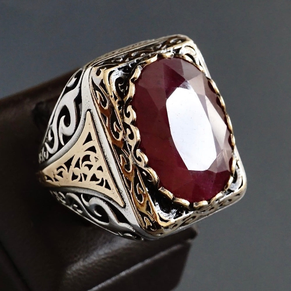 Men's Signet Ring Ruby Silver Yaqoot natural gemstone Sterling 925 Artisan Handmade Jewelry