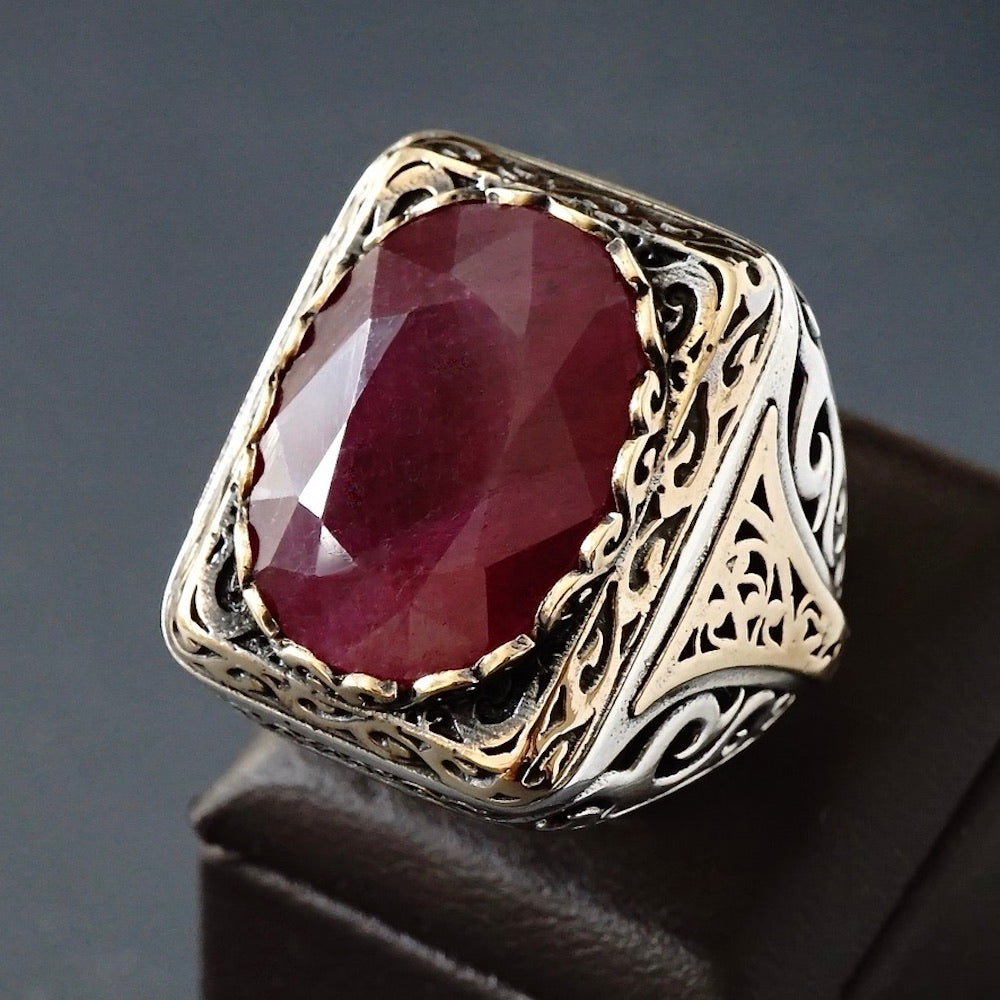 Men's Signet Ring Ruby Silver Yaqoot natural gemstone Sterling 925 Artisan Handmade Jewelry