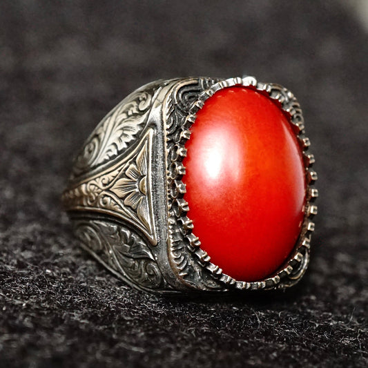 Genuine Red Coral Men's Ring – 925 Sterling Silver Handcrafted Elegance