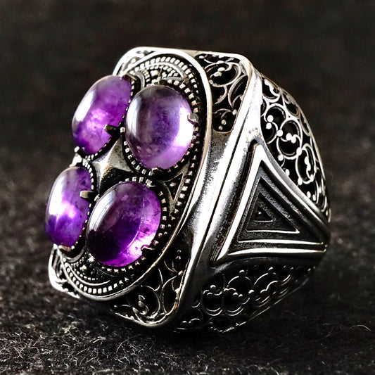 Silver Men's Bold Statement Ring natural Amethyst gemstone solid 925 Sterling Unique Artisan Handmade Jewelry