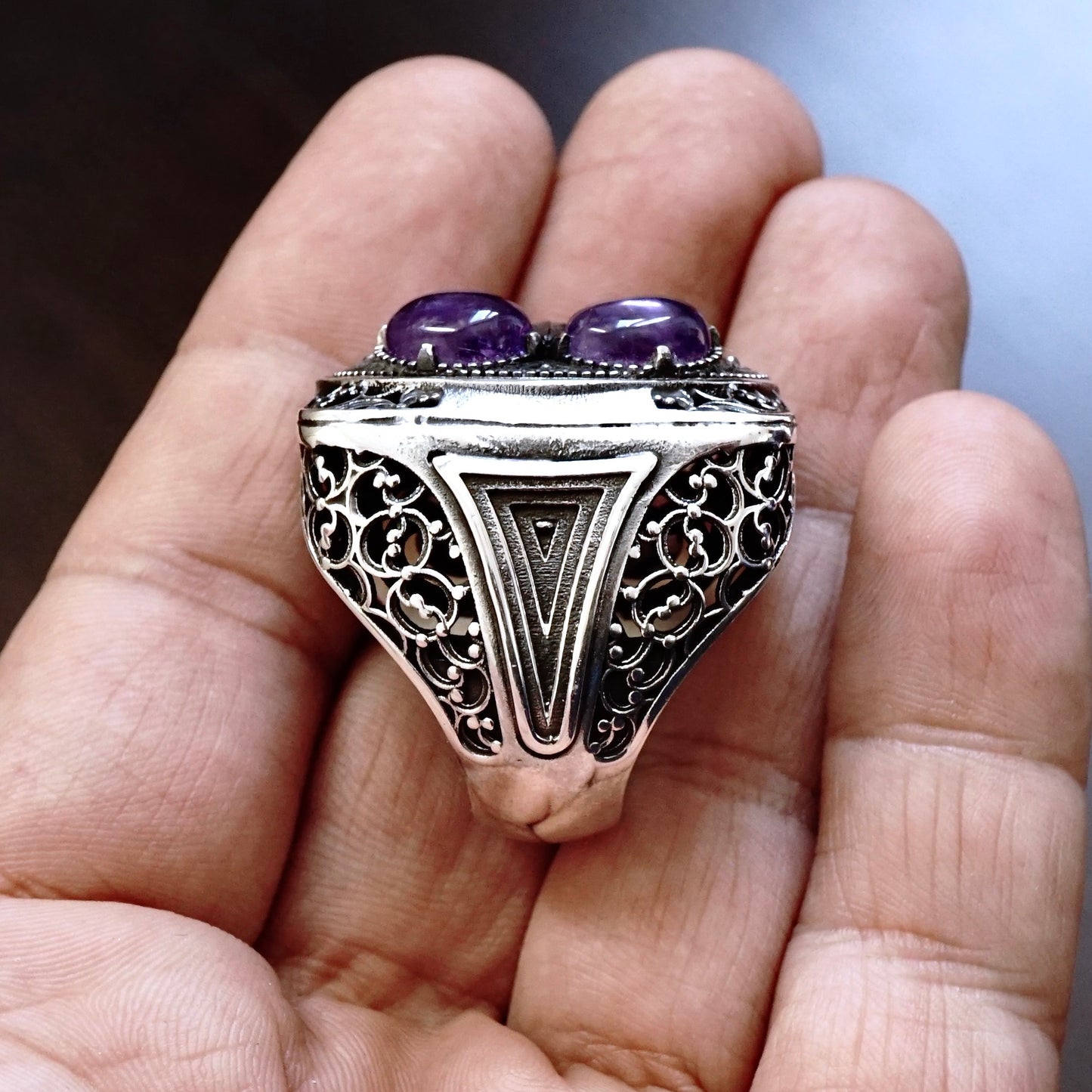 Silver Men's Bold Statement Ring natural Amethyst gemstone solid 925 Sterling Unique Artisan Handmade Jewelry