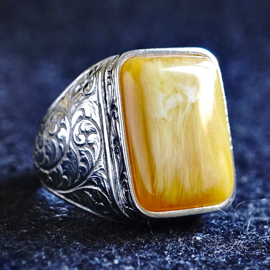 Men's 925 Sterling Silver Amber Ring – Handcrafted Turkish Artisan Jewelry Size US11
