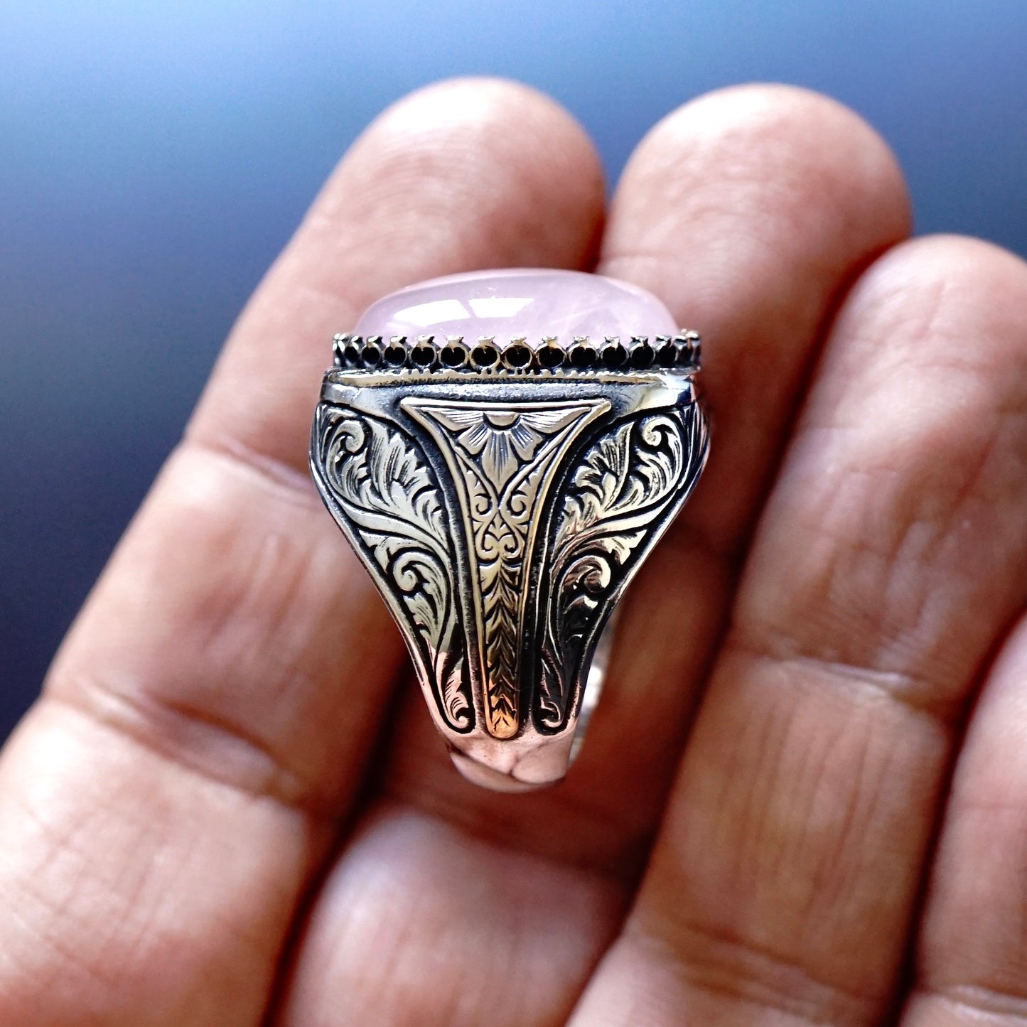 Men's 925 Sterling Silver Rose Quartz Signet Ring – Handcrafted Turkish Artisan Jewelry Size US11