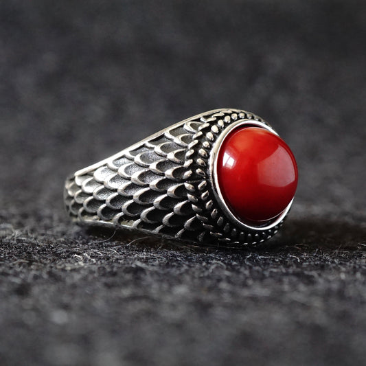 Genuine Red Coral Men's Ring – 925 Sterling Silver Handcrafted Artisan Jewelry