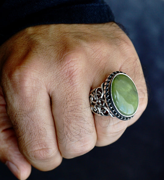 Men's Ring Green Jade natural big gemstone handmade 925 Sterling Silver Unique Artisan Jewelry