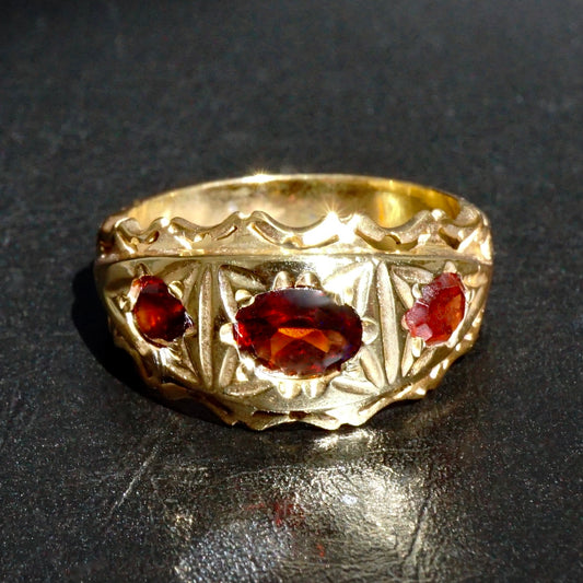 Garnet three-stone Band Ring 18K Yellow Gold Plated Silver Handmade Unique Jewelry