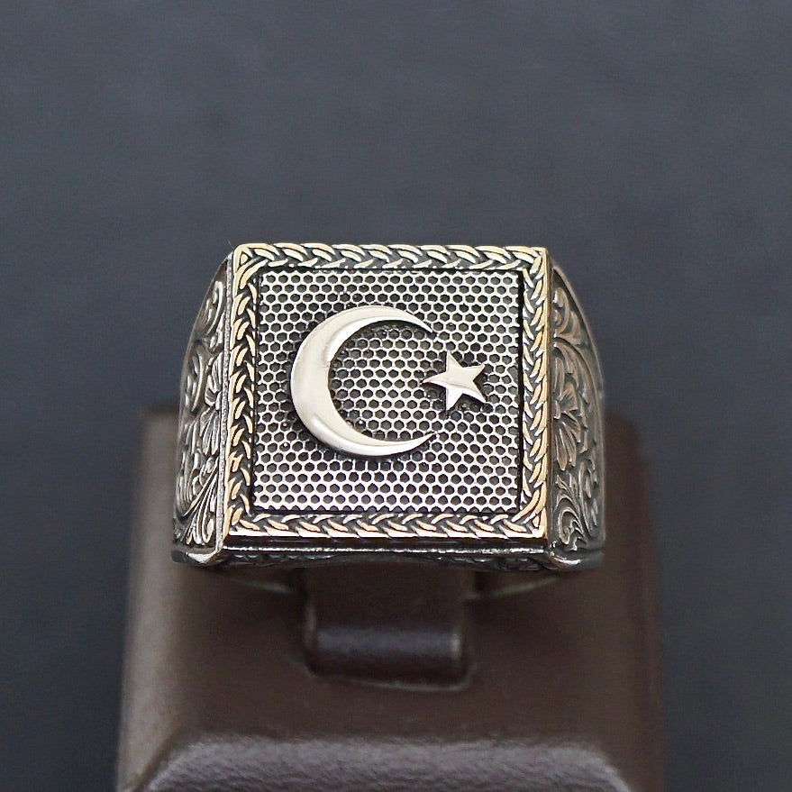 Sterling Silver Ring Crescent Star Men's Jewelry Engraved Turkish Ottoman Islamic