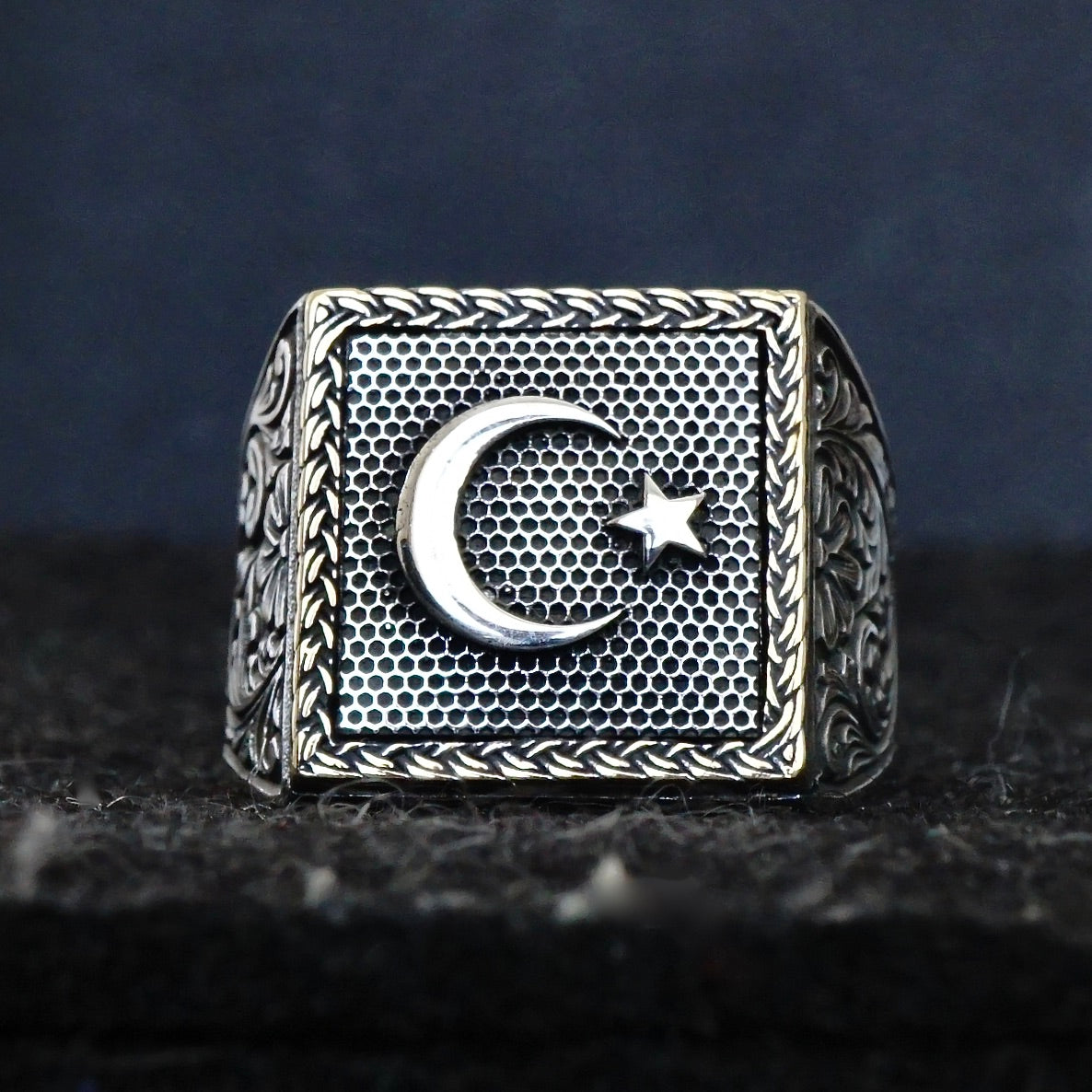Sterling Silver Ring Crescent Star Men's Jewelry Engraved Turkish Ottoman Islamic