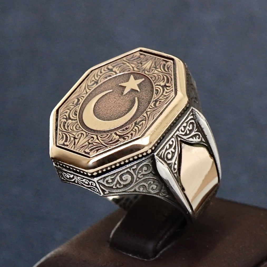 Sterling Silver Ring Crescent Star Engraved Turkish Ottoman Men's Jewelry