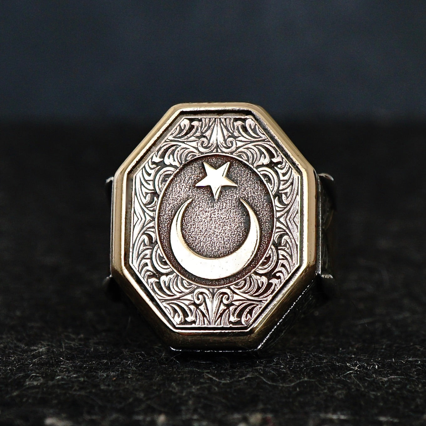 Sterling Silver Ring Crescent Star Engraved Turkish Ottoman Men's Jewelry