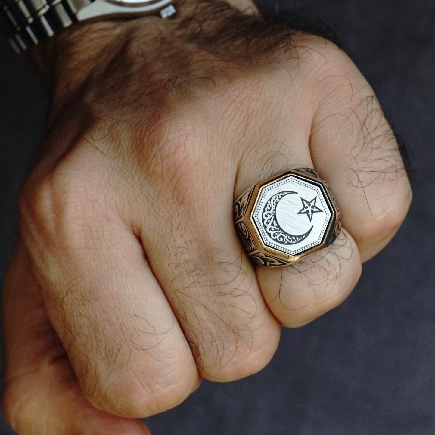 Sterling Silver Ring Crescent Star Turkish Men's Jewelry Engraved