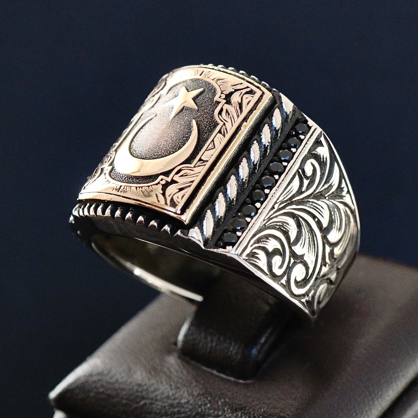 Sterling Silver Ring Crescent Star Turkish Men's Jewelry Engraved Onyx micro setting