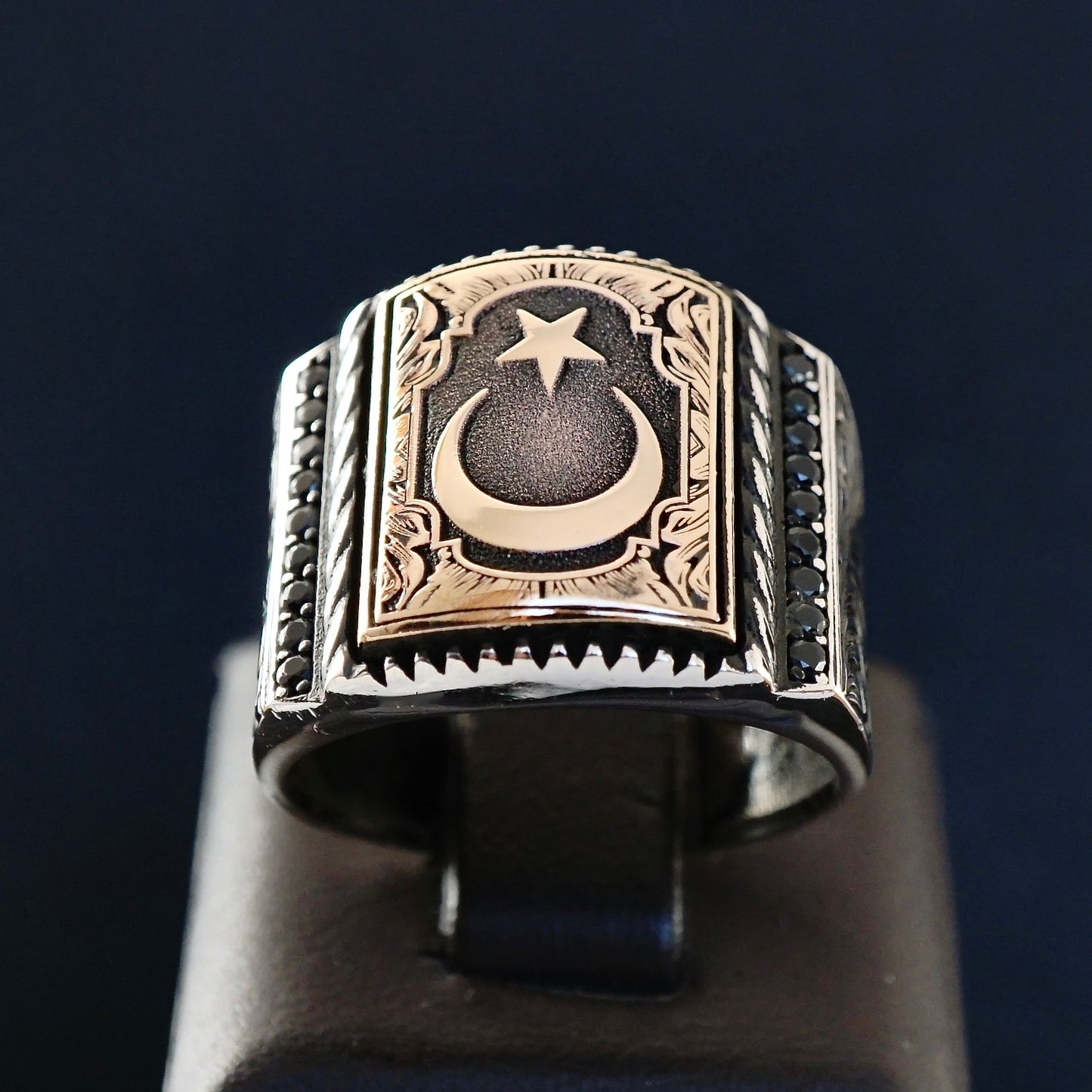 Sterling Silver Ring Crescent Star Turkish Men's Jewelry Engraved Onyx micro setting