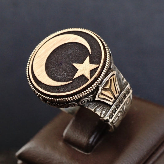 Sterling Silver Ring Crescent Star Turkish Men's Jewelry Ottoman Turkoman Islamic