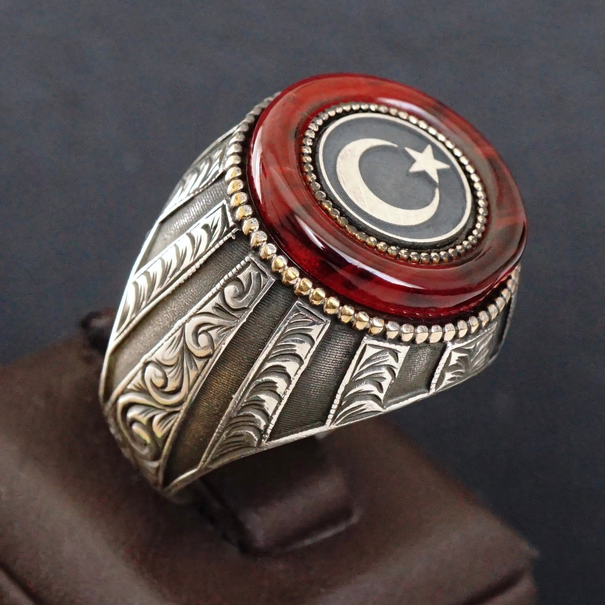 Sterling Silver Ring Crescent Star Red Amber Turkish Men's Jewelry