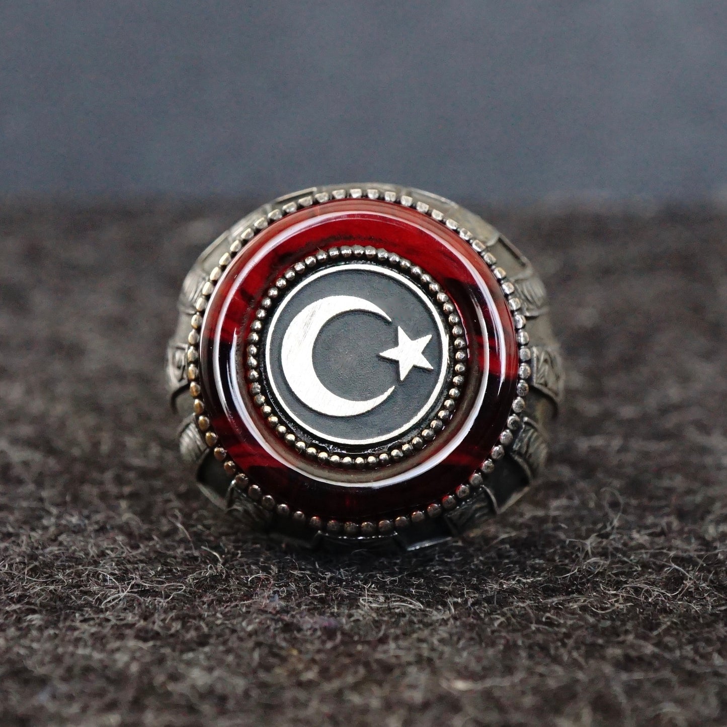 Sterling Silver Ring Crescent Star Red Amber Turkish Men's Jewelry