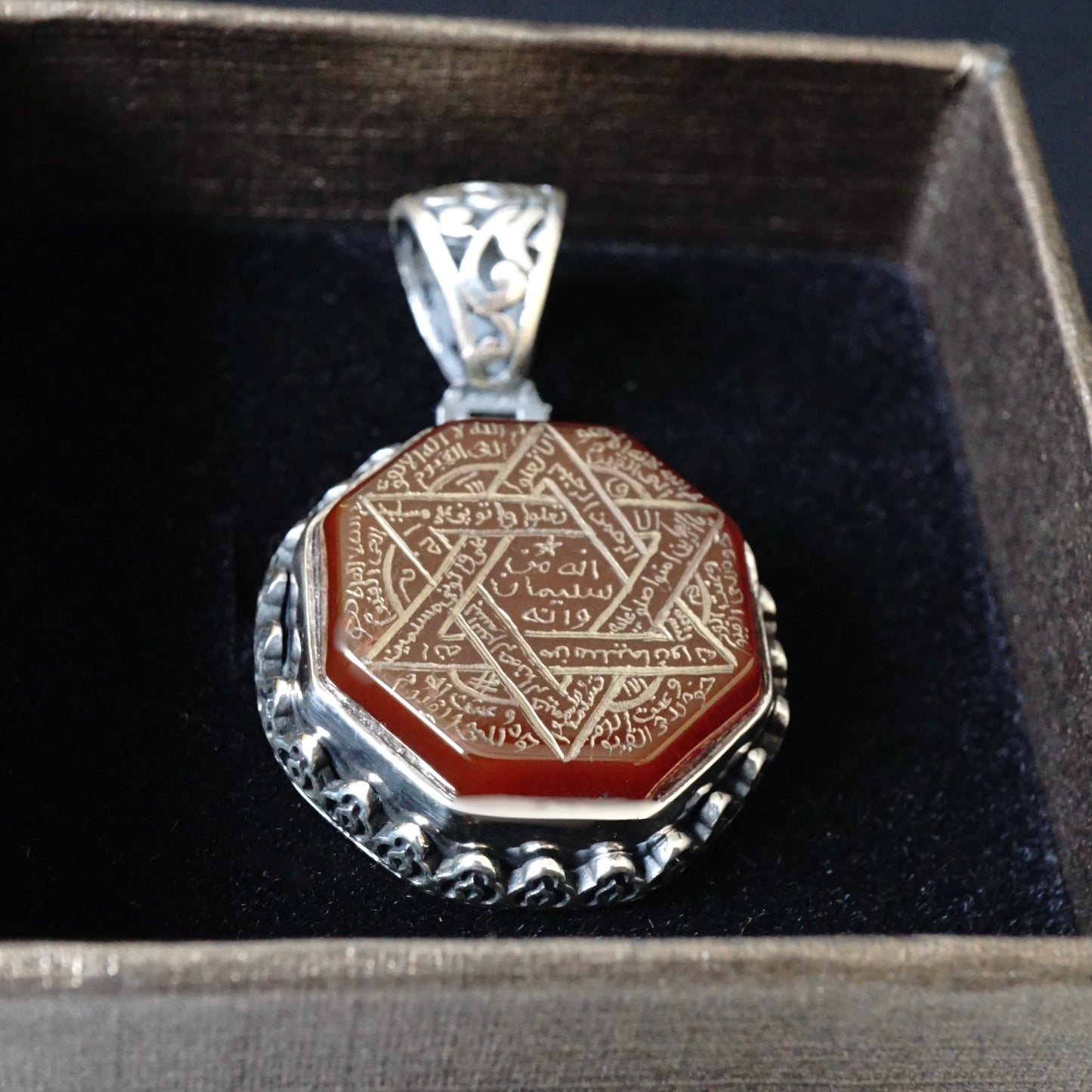 Pendant Carnelian Seal of Solomon Handmade Unique Master Hand-engraving 925 Sterling Silver natural hexagon cut Aqeeq gemstone Islamic Talisman Amulet