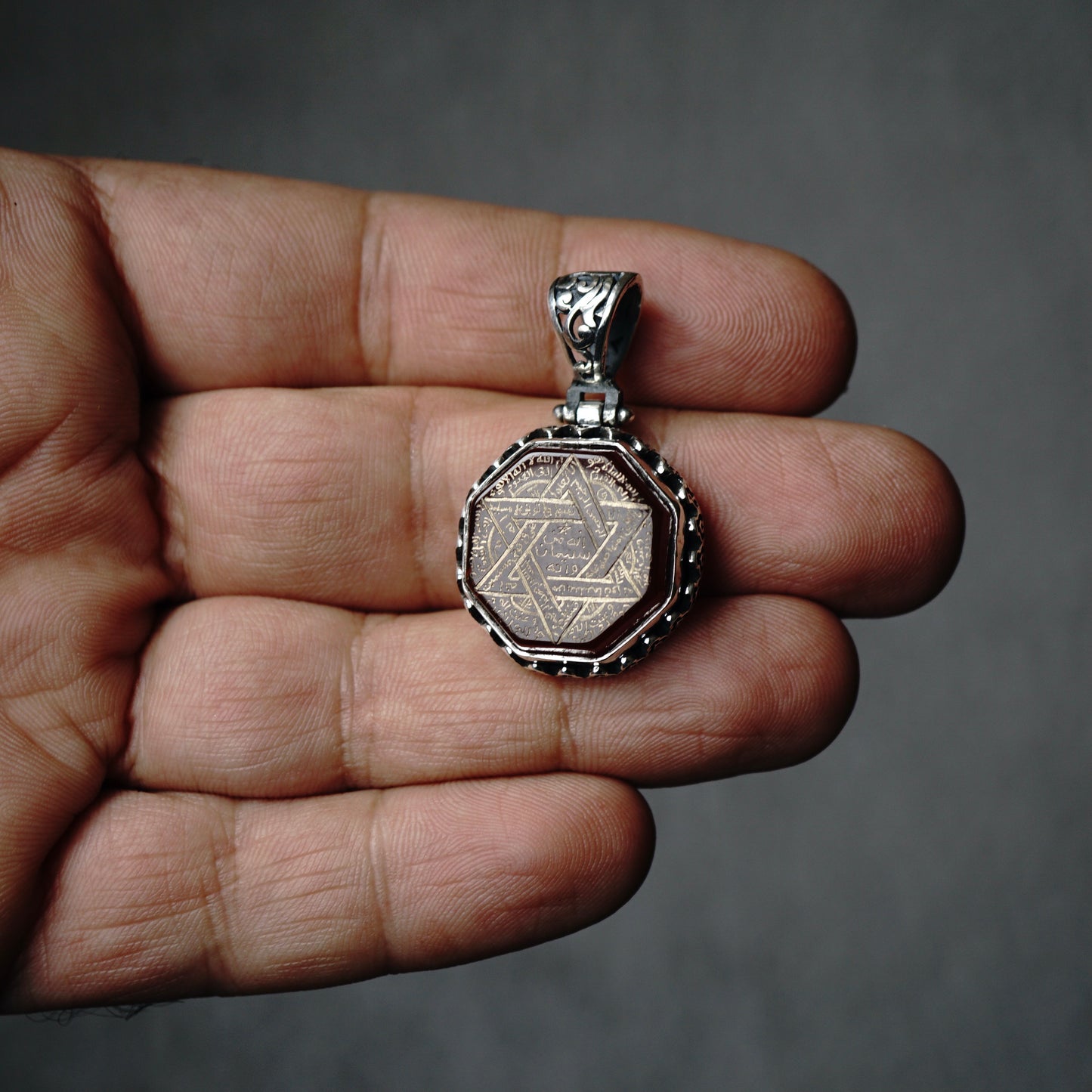 Pendant Carnelian Seal of Solomon Handmade Unique Master Hand-engraving 925 Sterling Silver natural hexagon cut Aqeeq gemstone Islamic Talisman Amulet