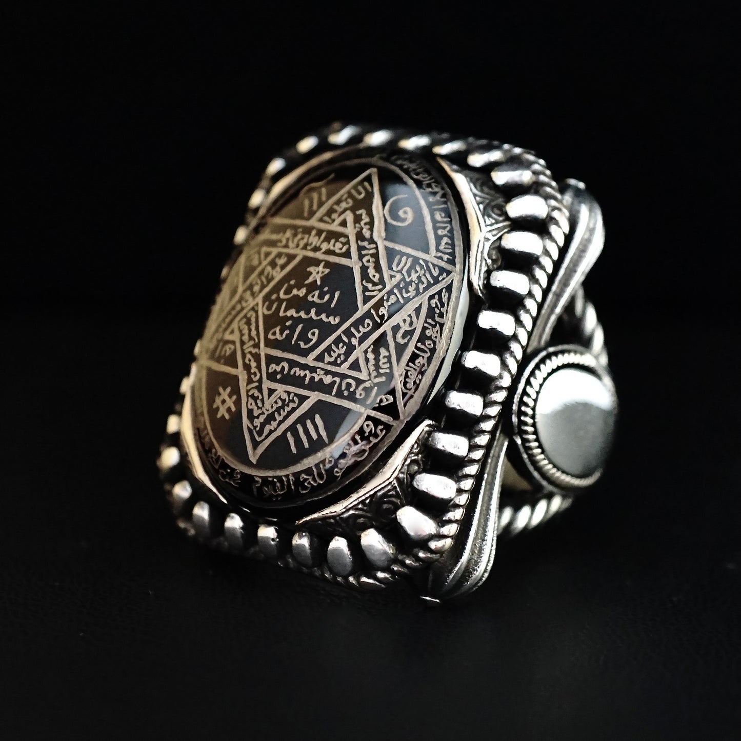 Ring Seal of Solomon Hand-engraved Onyx 925 Sterling Silver natural black gemstone Unique Islamic Talisman Amulet