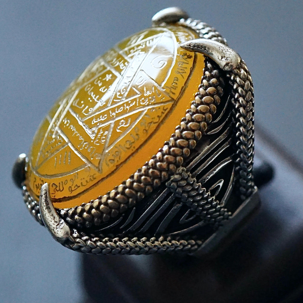 Ring 925 Sterling Silver Seal of Solomon Hand-engraved yellow Agate natural gemstone Unique Islamic Talisman Amulet