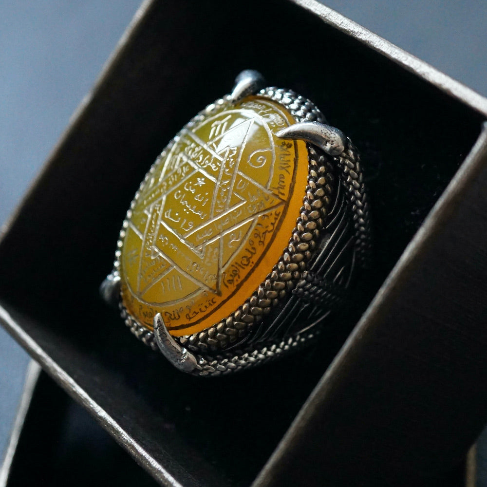 Ring 925 Sterling Silver Seal of Solomon Hand-engraved yellow Agate natural gemstone Unique Islamic Talisman Amulet