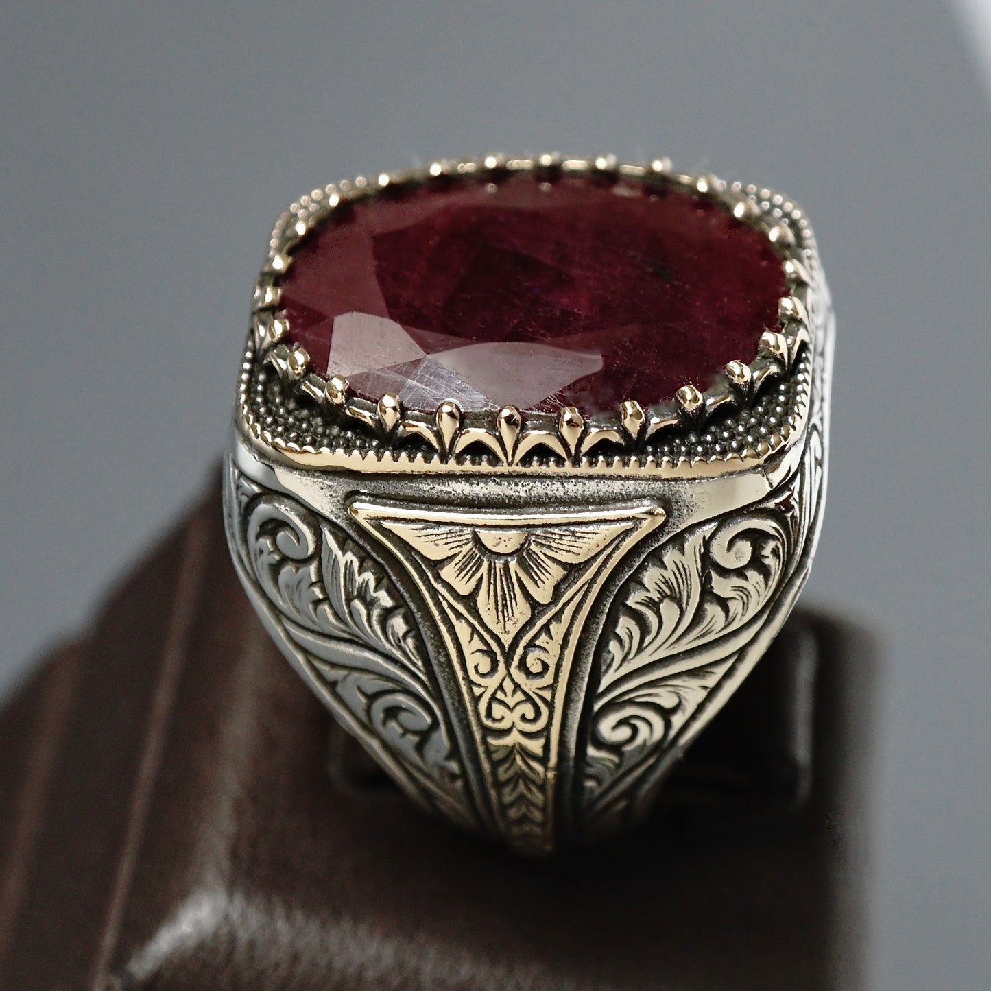 Men's Signet Ring Ruby Yaqoot natural big gemstone Sterling Silver 925 Turkish Artisan Handmade Jewelry