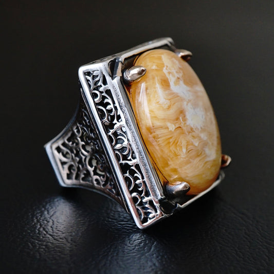 Mens Ring Sterling Silver Amber Heavy Large Solid Bold Chunky Artistic Designer Jewelry Turkish Handmade