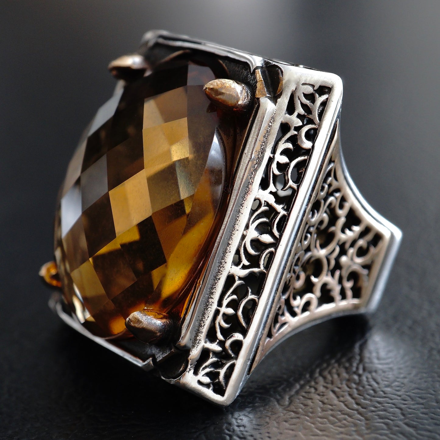 Big Mens Ring golden Citrine Sterling Silver large Stone Solid 925k Turkish Handmade Jewelry