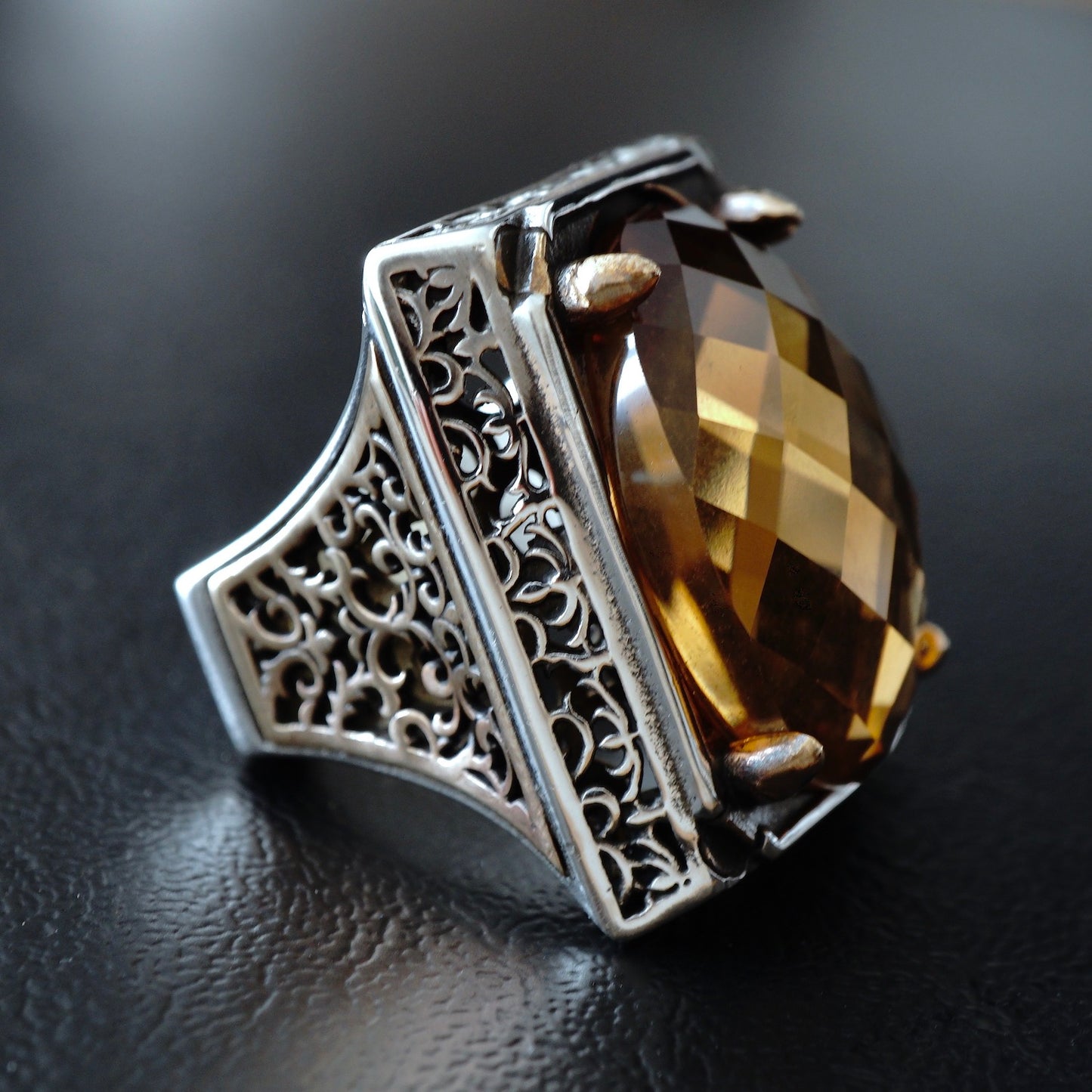 Big Mens Ring golden Citrine Sterling Silver large Stone Solid 925k Turkish Handmade Jewelry