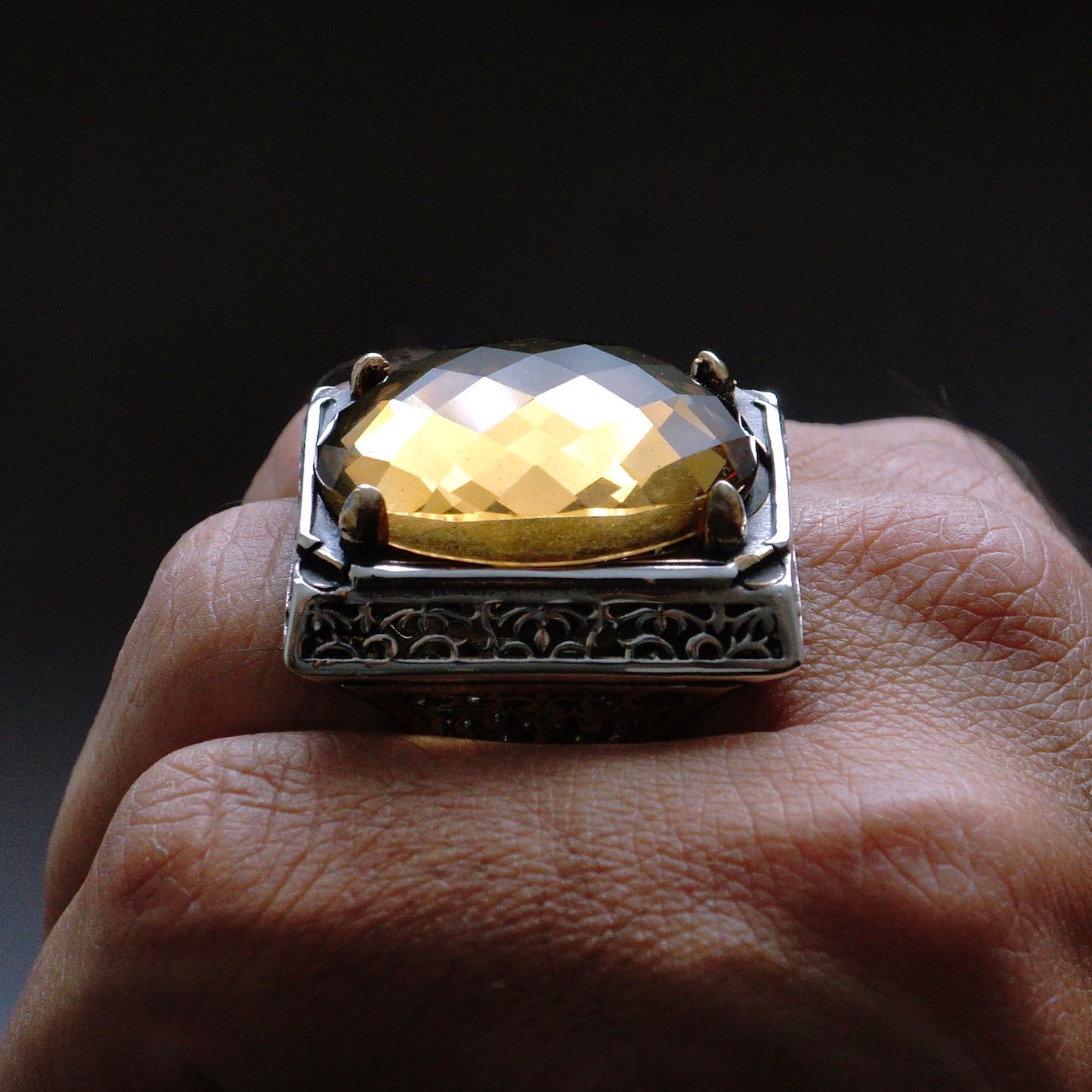 Big Mens Ring golden Citrine Sterling Silver large Stone Solid 925k Turkish Handmade Jewelry