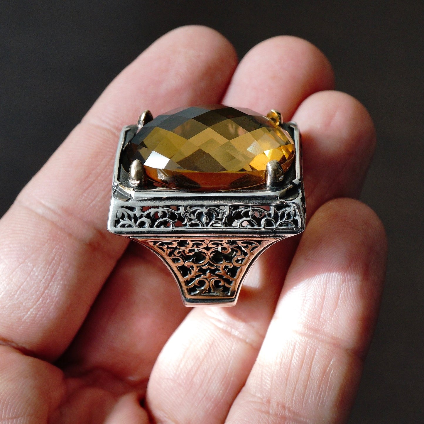 Big Mens Ring golden Citrine Sterling Silver large Stone Solid 925k Turkish Handmade Jewelry