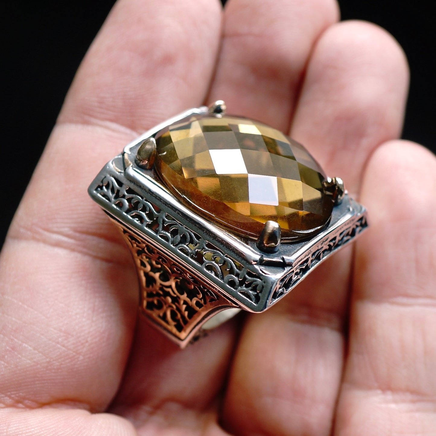 Big Mens Ring golden Citrine Sterling Silver large Stone Solid 925k Turkish Handmade Jewelry