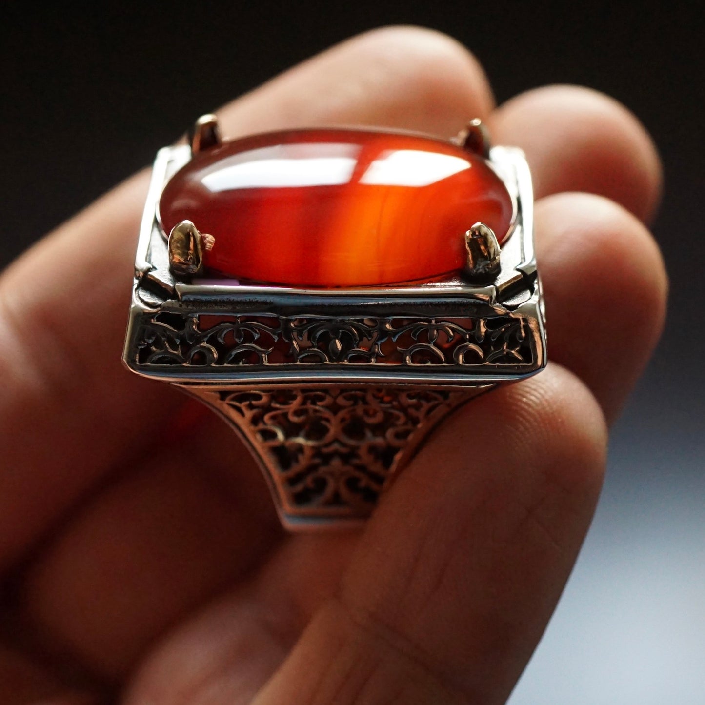Big Mens Ring red Agate Solid Sterling Silver genuine Aqeeq stone Bold Heavy Turkish Artisan Jewelry