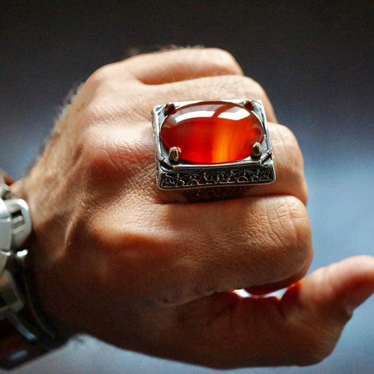 Big Mens Ring red Agate Solid Sterling Silver genuine Aqeeq stone Bold Heavy Turkish Artisan Jewelry
