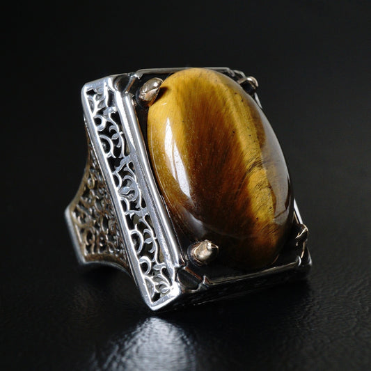 Big Silver Mens Ring Tigers Eye stone Bold Handmade solid 925 Sterling Turkish Artisan Jewelry new