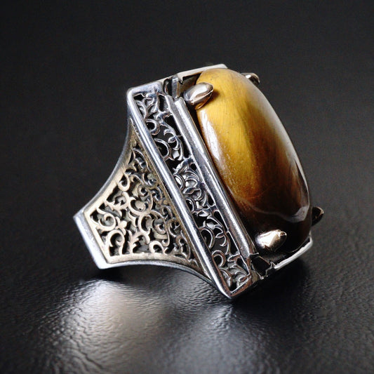 Silver Mens Ring Tiger's Eye 34ct natural stone Bold Heavy solid 925 Sterling Unique Turkish Jewelry