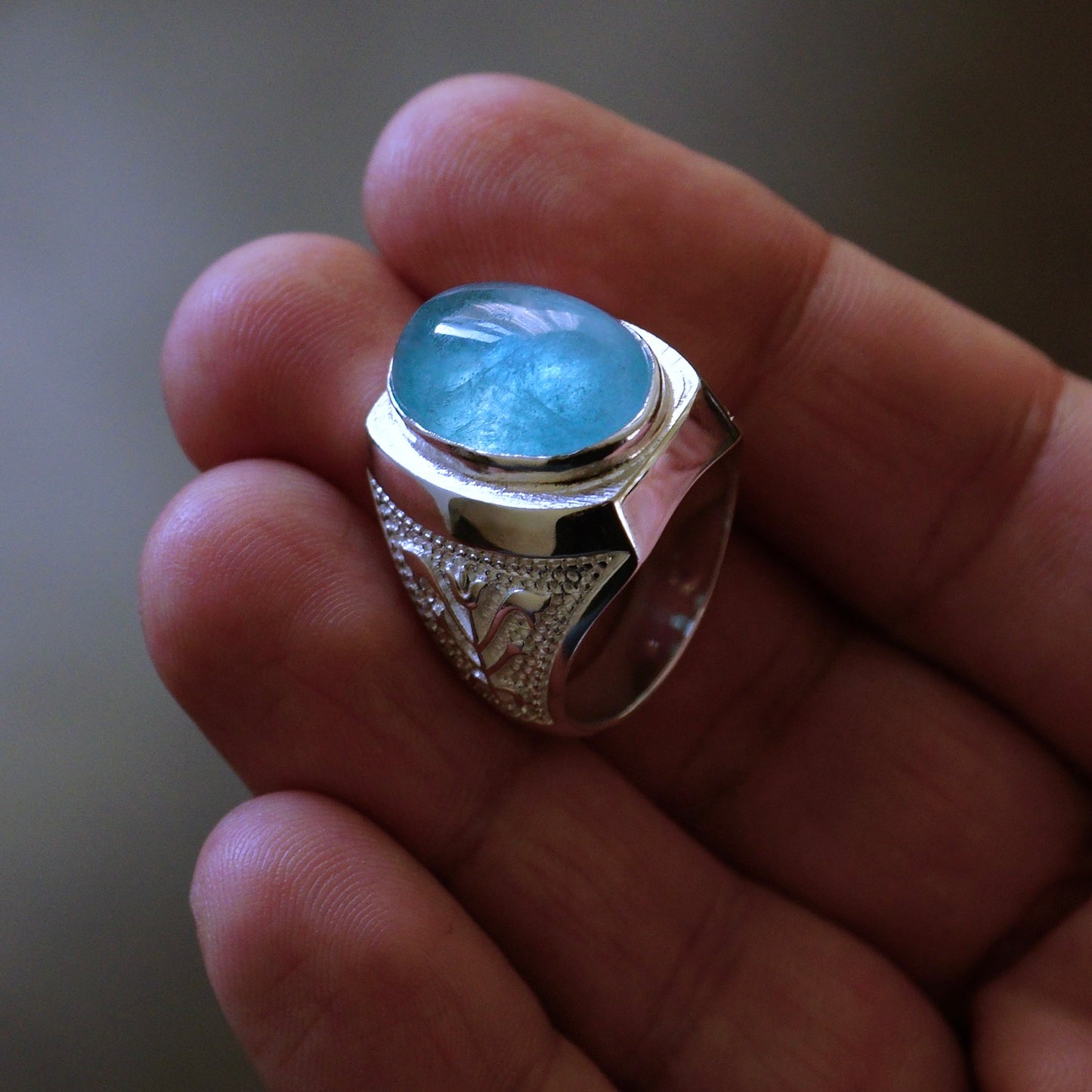Silver Mens Ring natural Aquamarine gemstone solid 925 Sterling Handmade Unique Artisan Jewelry