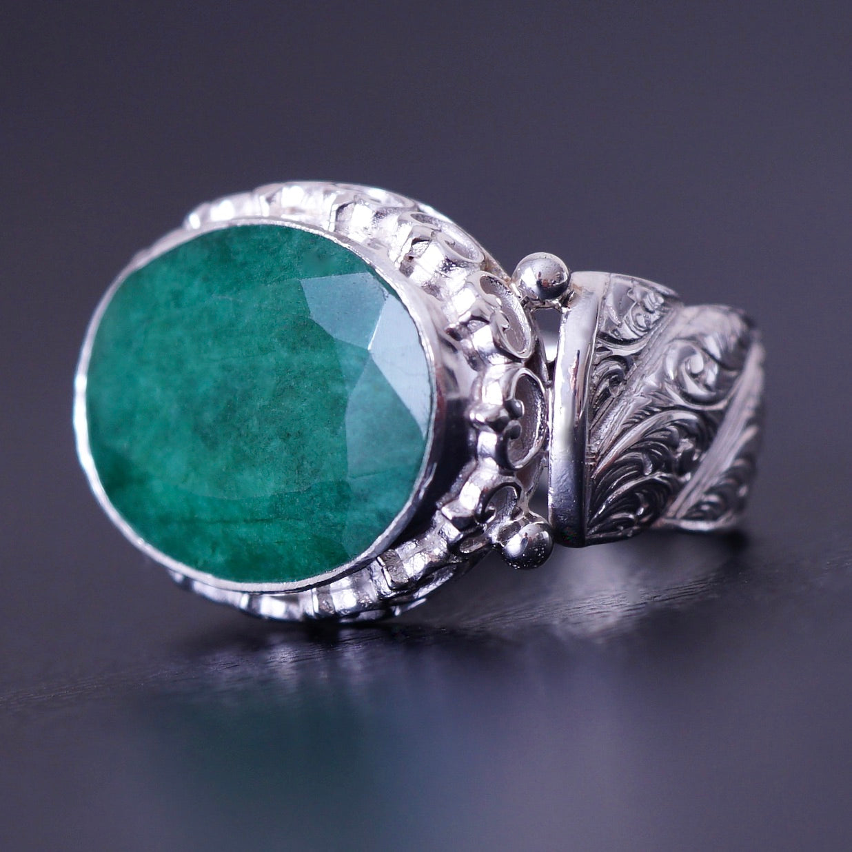 Silver Mens Ring Emerald gemstone Handmade solid 925 Sterling natural Beryl 10ct Unique Artisan Jewelry