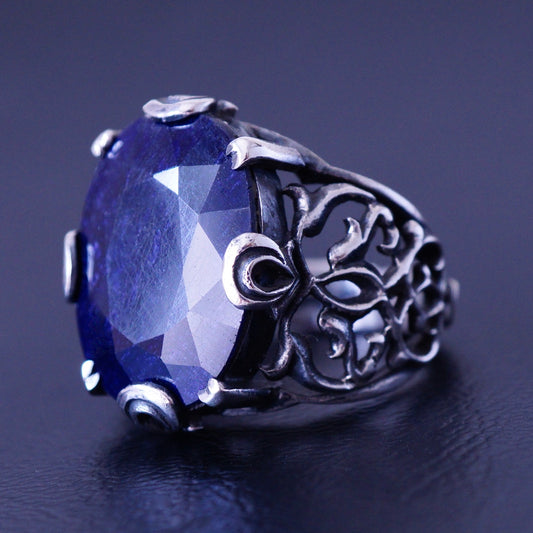 Silver Handmade Mens Ring Sapphire natural Gemstone 925 Sterling Unique Artisan Jewelry