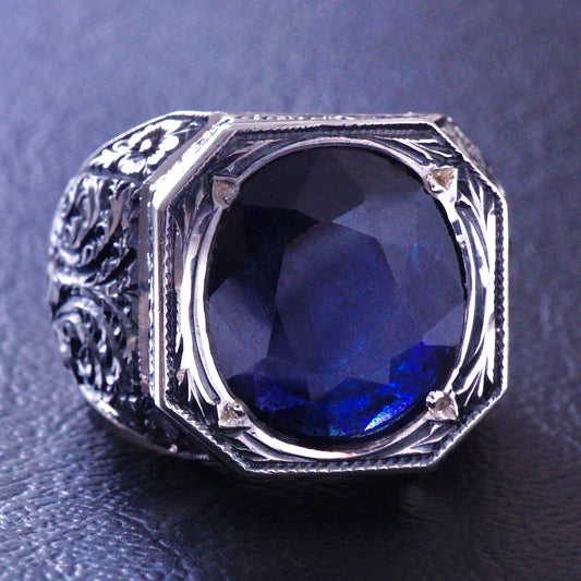 Silver Handmade Sapphire Ring natural gemstone solid 925 Sterling Unique Mens Jewelry size us12