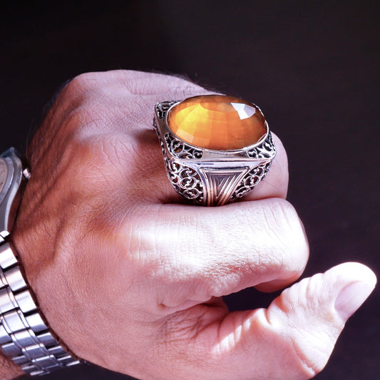 Silver Mens Ring big Citrine Sterling 925 Bold Chunky Artisan Designer Turkish Handmade Jewelry