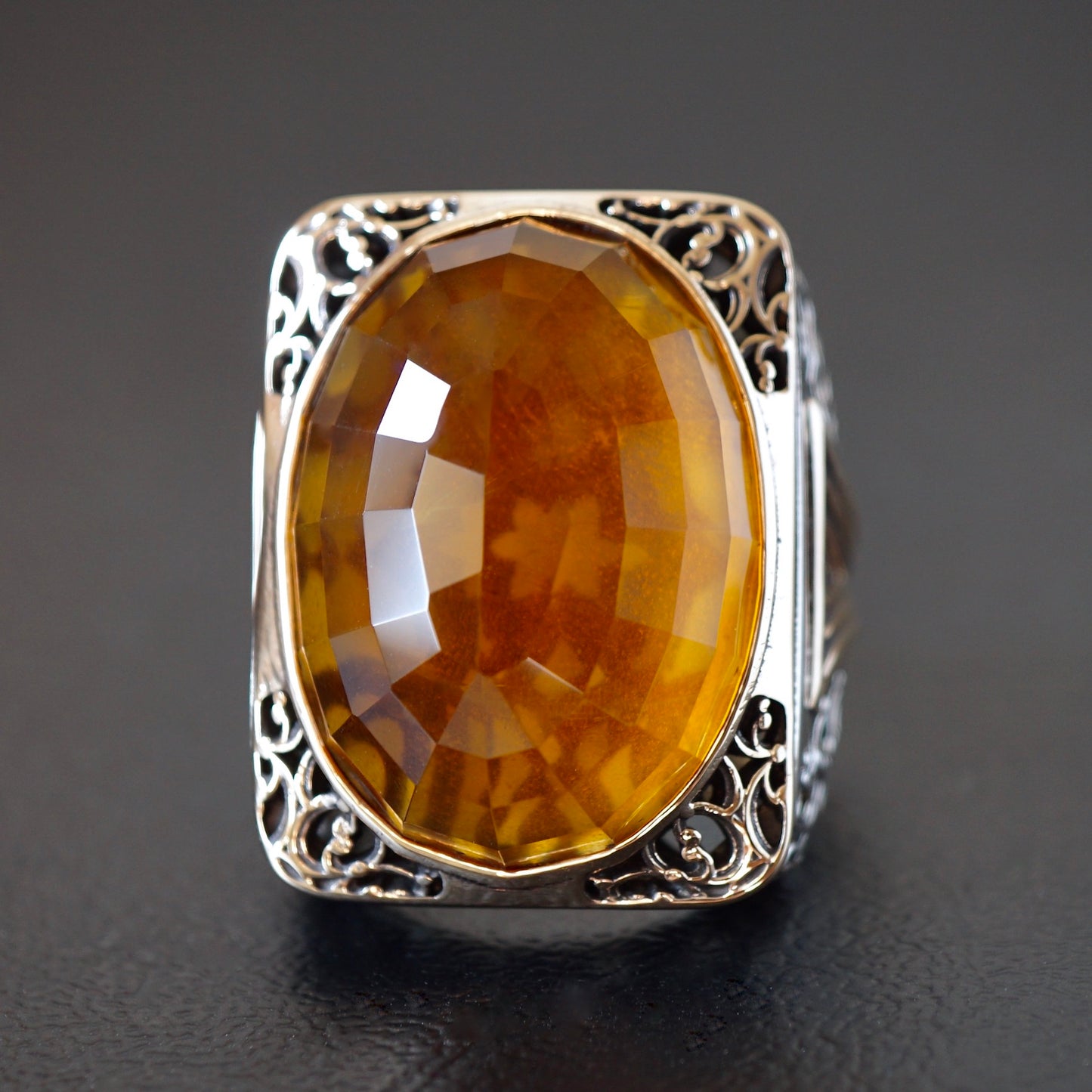 Silver Mens Ring big Citrine Sterling 925 Bold Chunky Artisan Designer Turkish Handmade Jewelry