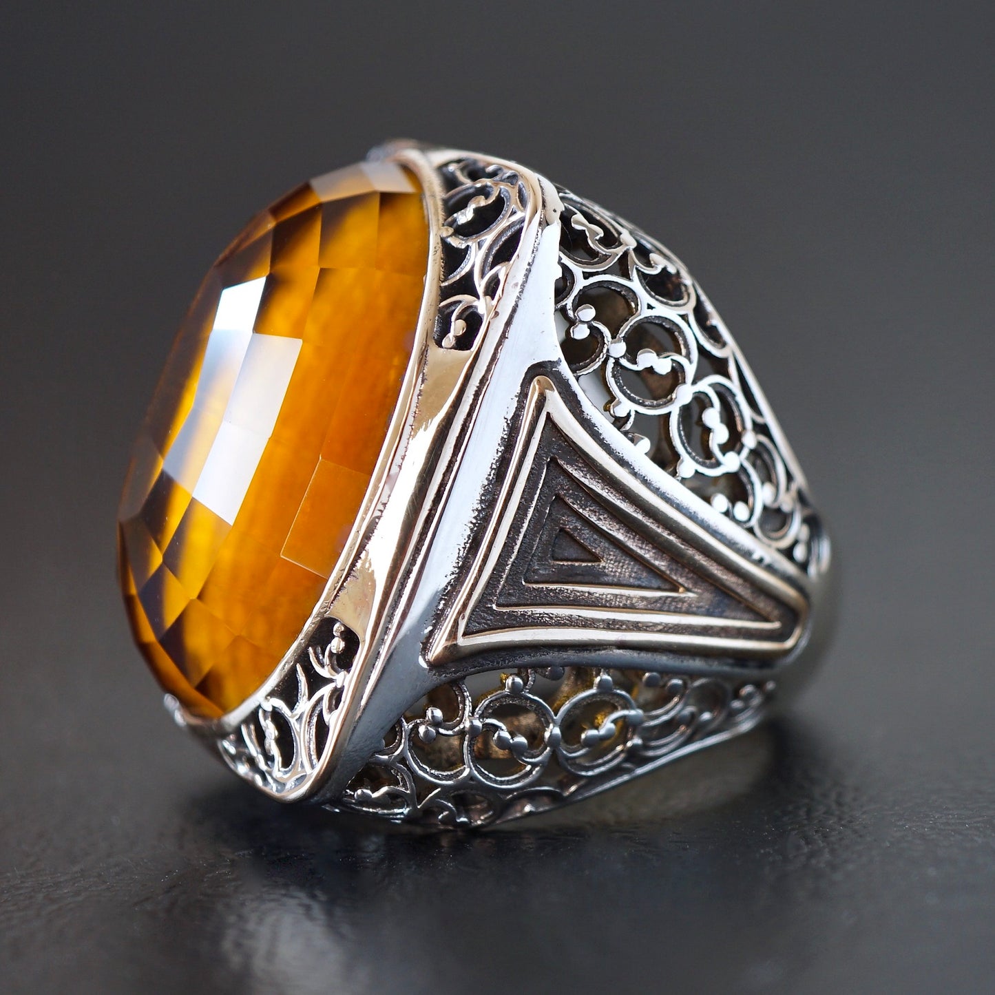 Silver Mens Ring big Citrine Sterling 925 Bold Chunky Artisan Designer Turkish Handmade Jewelry