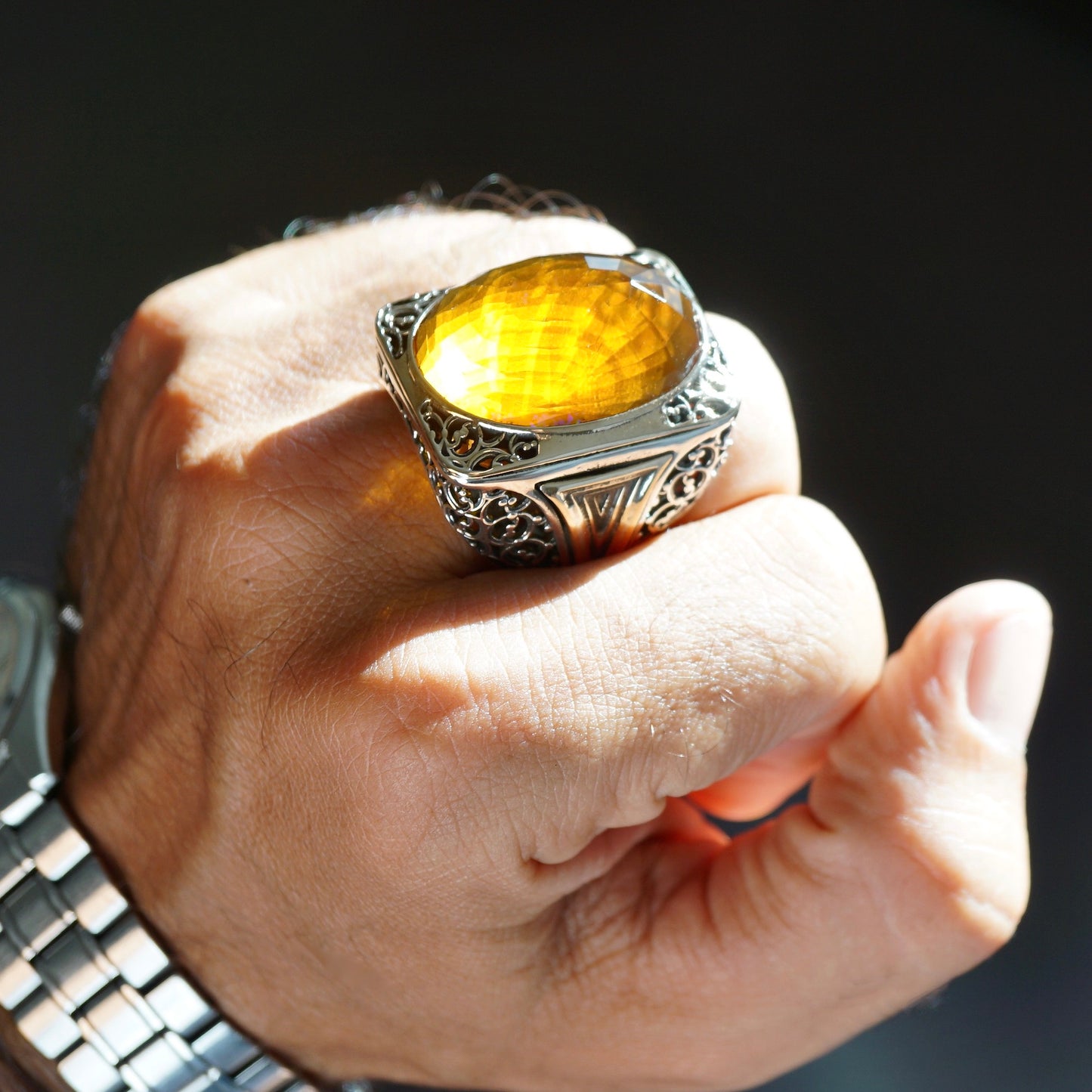 Silver Mens Ring big Citrine Sterling 925 Bold Chunky Artisan Designer Turkish Handmade Jewelry