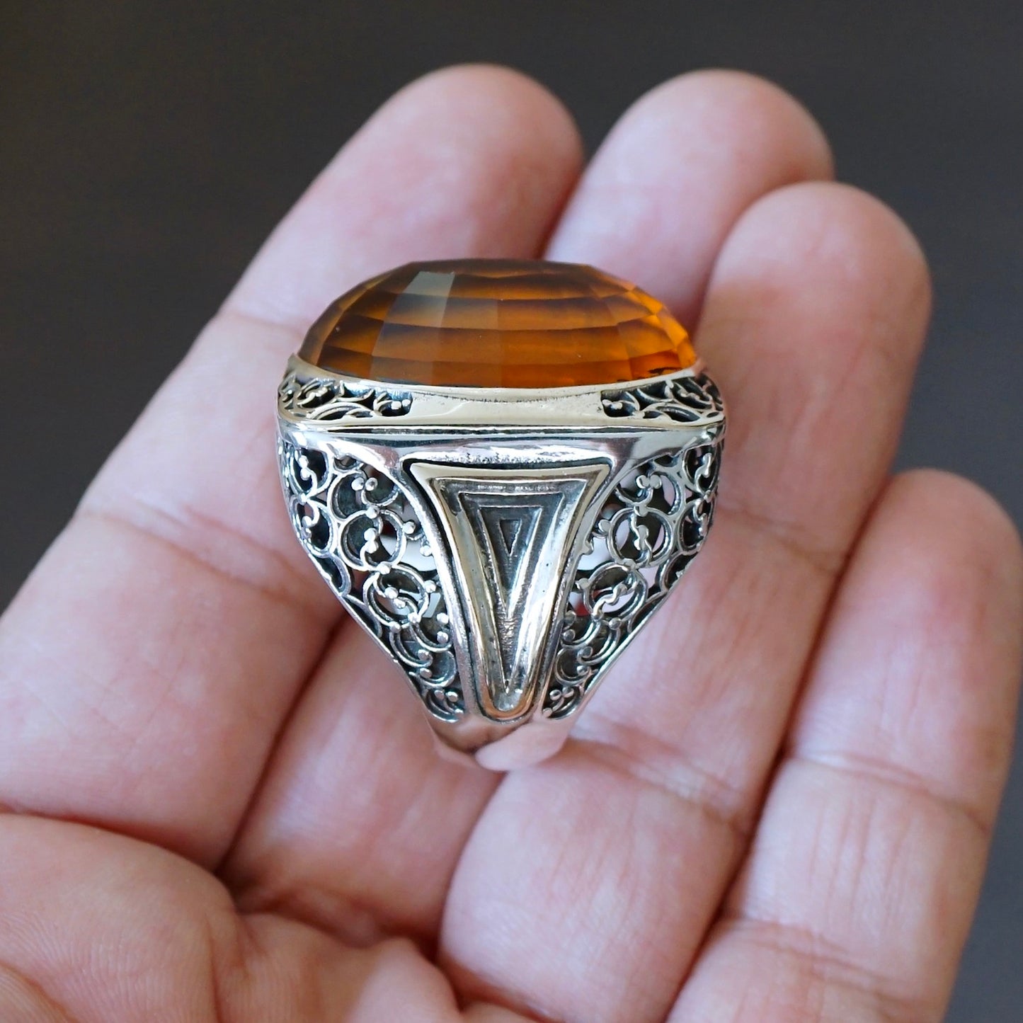 Silver Mens Ring big Citrine Sterling 925 Bold Chunky Artisan Designer Turkish Handmade Jewelry