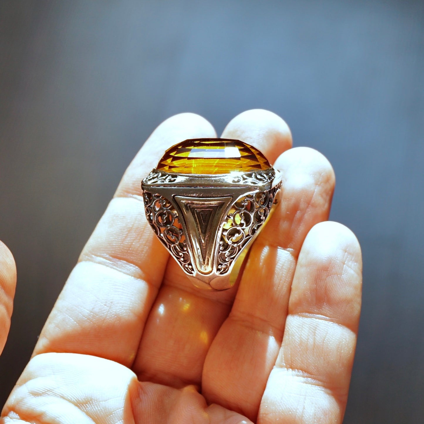 Silver Mens Ring big Citrine Sterling 925 Bold Chunky Artisan Designer Turkish Handmade Jewelry