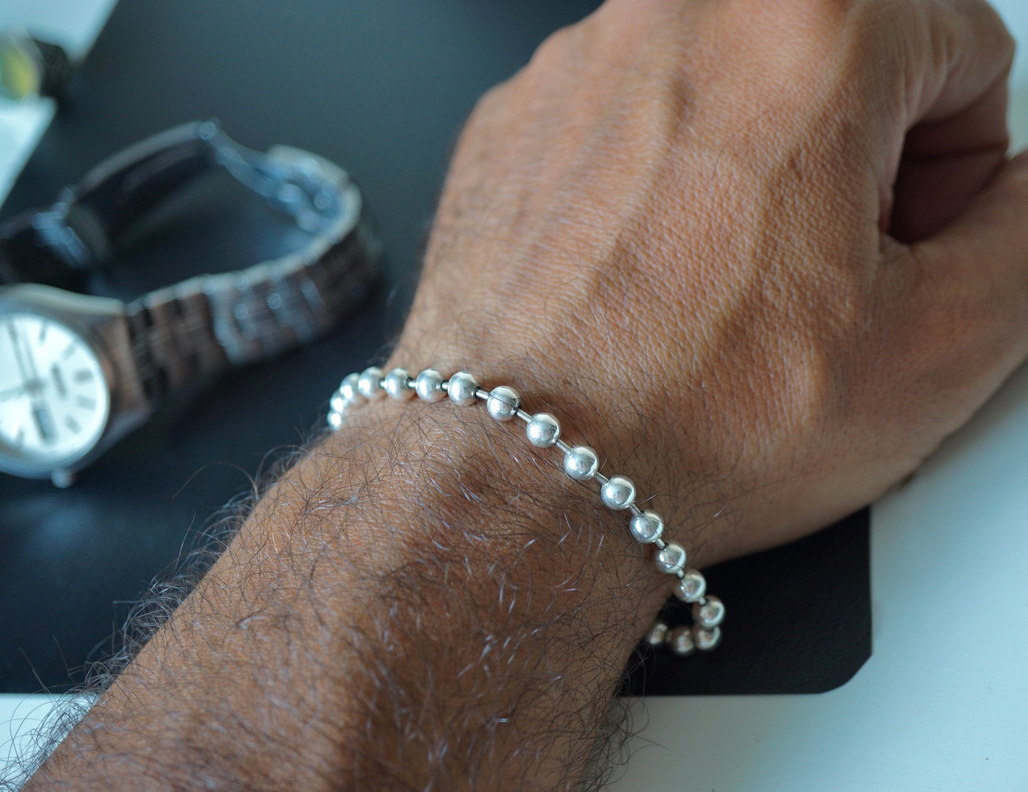 925 Sterling Silver Bead Chain Bracelet 4mm Simple Elegant Classic Mens Jewelry