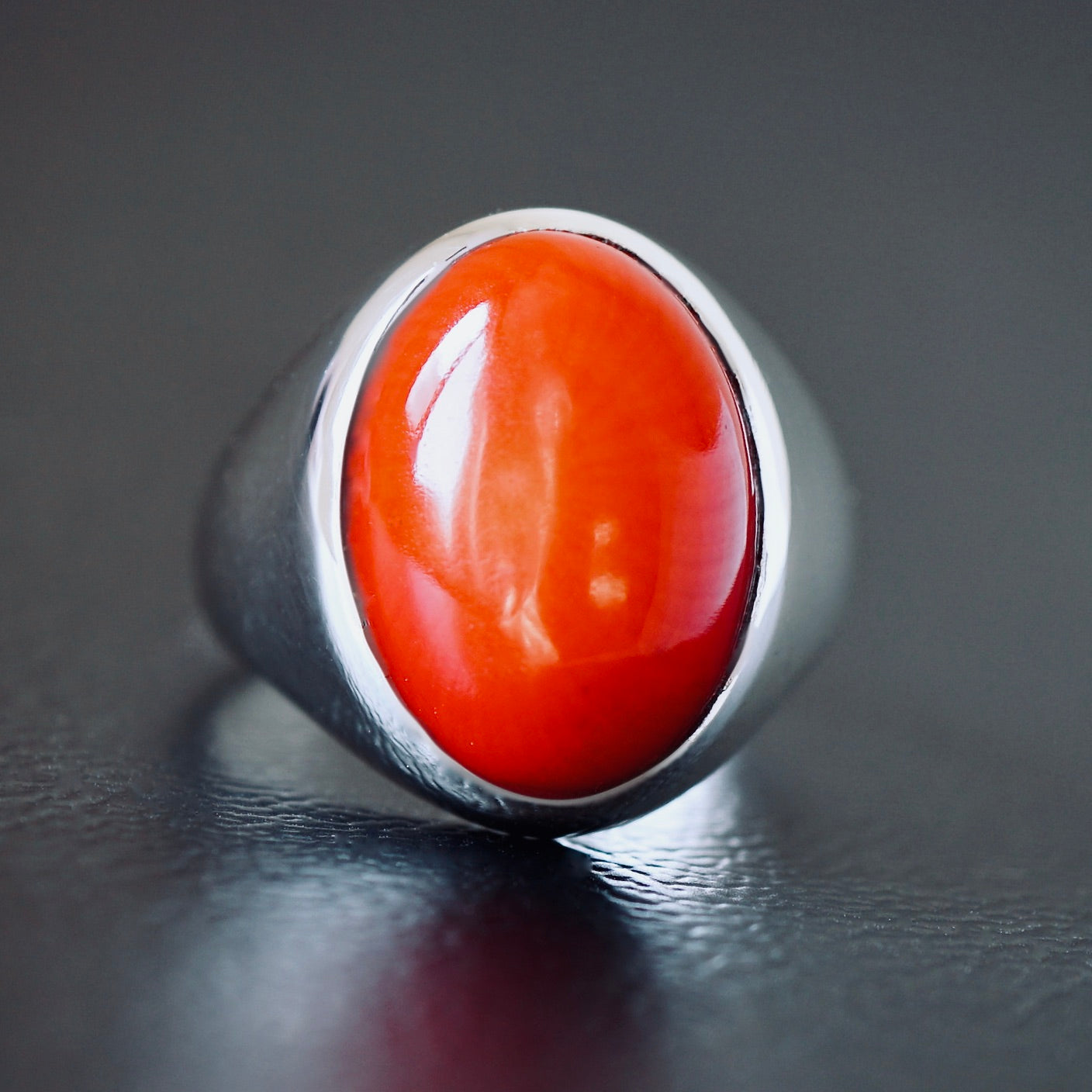 Silver Mens natural Red Coral Signet Ring 925 Sterling Artisan Handmade Jewelry size 10