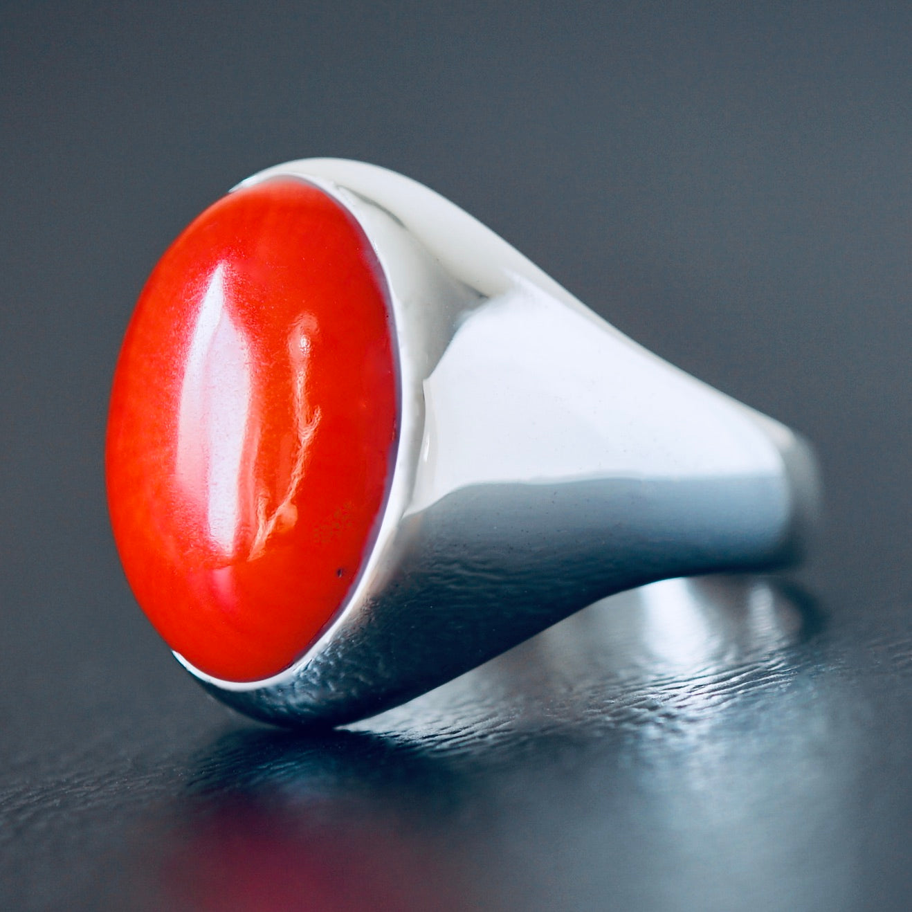 Silver Mens natural Red Coral Signet Ring 925 Sterling Artisan Handmade Jewelry size 10