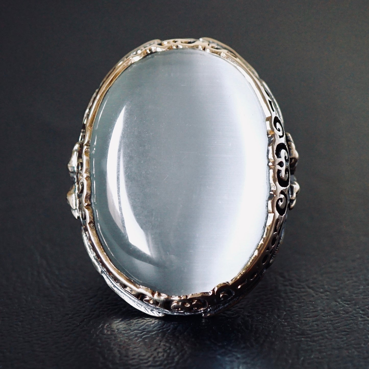 Silver Mens Ring Large Moonstone Cats Eye Bold Heavy Sterling Silver Turkish Designer Handmade